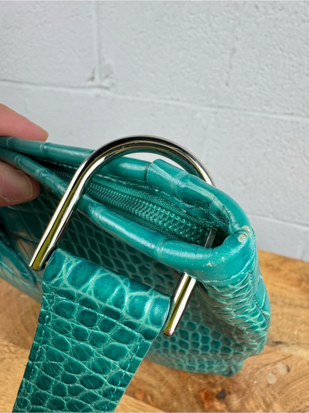Longchamp Roseau Croc Embossed Leather Shoulder Bag Turquoise Teal France